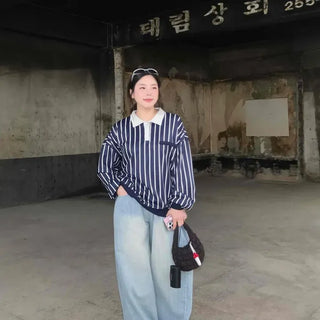 Oversized Striped Button Contrast Long Sleeve Sweatshirt