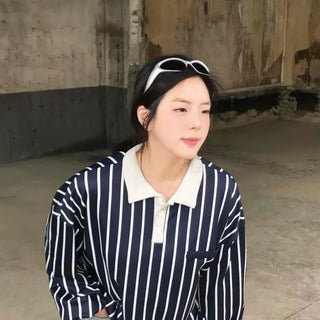 Oversized Striped Button Contrast Long Sleeve Sweatshirt