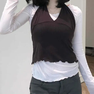Fitted Plain Frill Ribbon Layered Long Sleeve Two-Piece