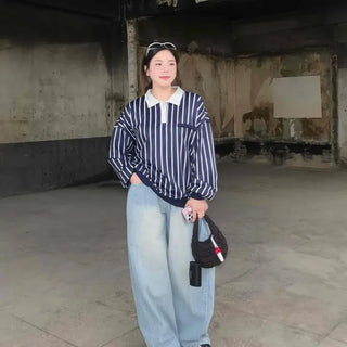 Loose-fit Striped Washed Button-up Wide Long Pants