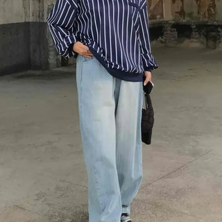 Loose-fit Striped Washed Button-up Wide Long Pants