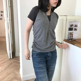 Loose-fit Plain Button Shirred A-line Sleeveless