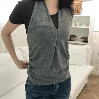 Loose-fit Plain Button Shirred A-line Sleeveless