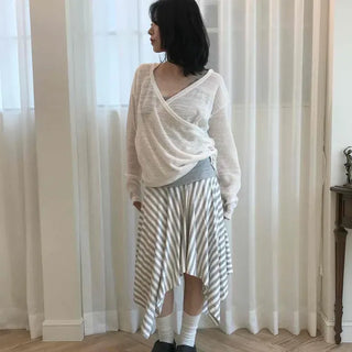 Frill Stripe Flare A-Line Midi Skirt
