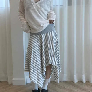 Frill Stripe Flare A-Line Midi Skirt