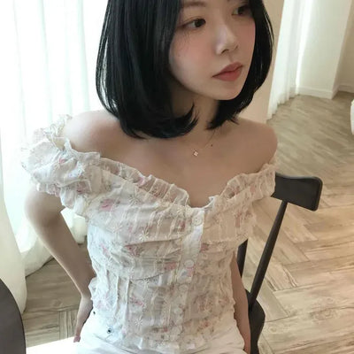 Fitted Flower Frill Shirred Button Cap Sleeve Blouse