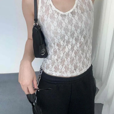 Slim Fit Floral See-through Halter Neck Sleeveless