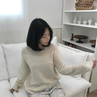 Loose Fit Plain Perforated Long Sleeve Casual