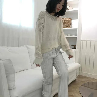 Loose Fit Plain Perforated Long Sleeve Casual