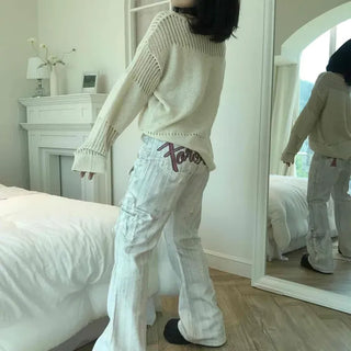 Loose-fit Striped Button Washed Wide Straight Long Pants
