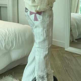 Loose-fit Striped Button Washed Wide Straight Long Pants