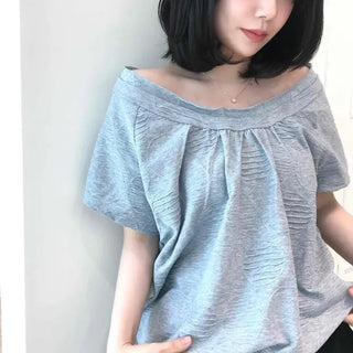 Loose Fit Plain Shirred String Off-Shoulder Short Sleeve T-Shirt