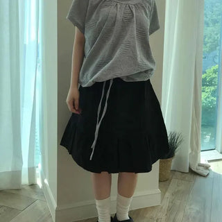 Loose Fit Plain Shirred String Off-Shoulder Short Sleeve T-Shirt