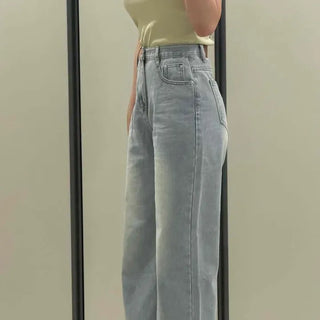 Wide-fit Washed Button Zipper Long Pants