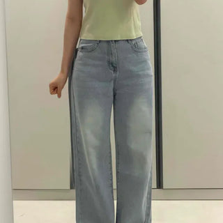 Wide-fit Washed Button Zipper Long Pants