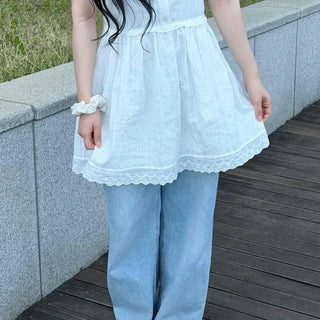 Wide-fit Washed Button Zipper Long Pants