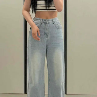 Wide-fit Washed Button Zipper Long Pants