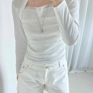 Slim Fit Plain Shirred Drape Long Sleeve T-shirt