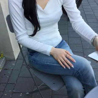 Slim Fit Plain Shirred Drape Long Sleeve T-shirt