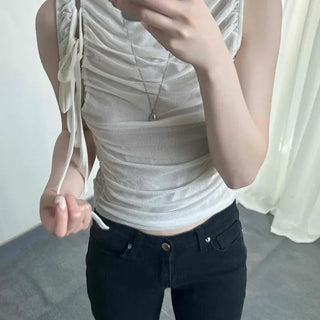 Slim Fit Shirred String Layered See-through Sleeveless