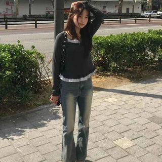 Washed Zipper Button Bootcut Flare Long Pants