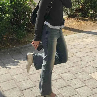 Washed Zipper Button Bootcut Flare Long Pants