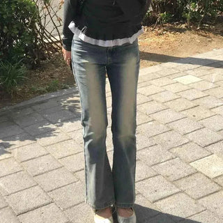 Washed Zipper Button Bootcut Flare Long Pants