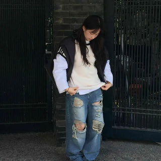Loose-fit Washed Buttoned Wide Long Pants
