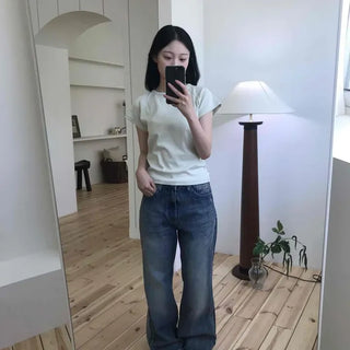 Loose-fit Washed Button Wide Bootcut Long Pants