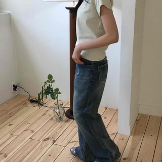 Loose-fit Washed Button Wide Bootcut Long Pants