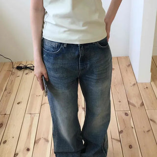 Loose-fit Washed Button Wide Bootcut Long Pants