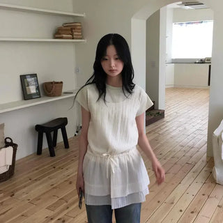 Loose Fit Plain Ribbon Sleeveless Tiered A-Line Mini Dress