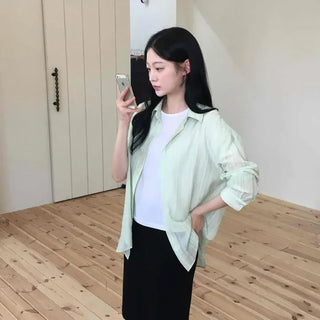 Loose-fit Striped Button Long-sleeve Daily Shirt