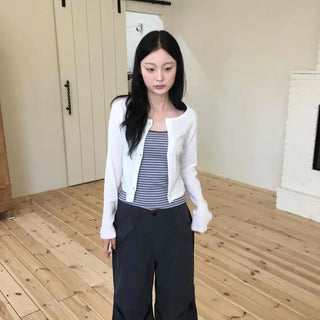 Loose-fit Plain Button-Punched Long-sleeve Cardigan