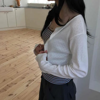 Loose-fit Plain Button-Punched Long-sleeve Cardigan