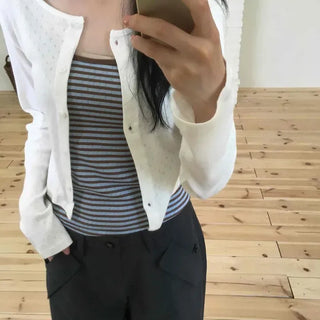 Loose-fit Plain Button-Punched Long-sleeve Cardigan