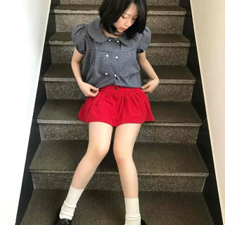 Shirred Button Striped Flare Daily Mini Skirt