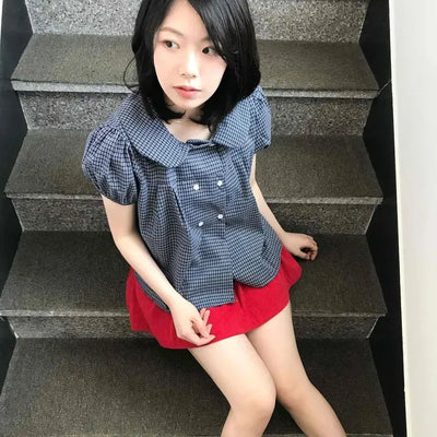 Loose-fit Check Shirred Button Short-sleeve Blouse