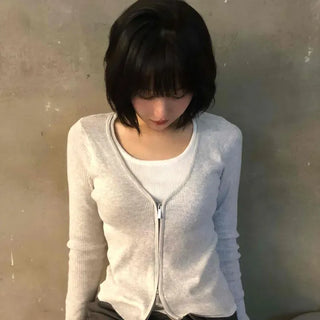 Simple Trendy Two-Way Layered Slim Fit Knit Zip-Up