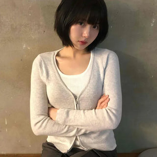 Simple Trendy Two-Way Layered Slim Fit Knit Zip-Up