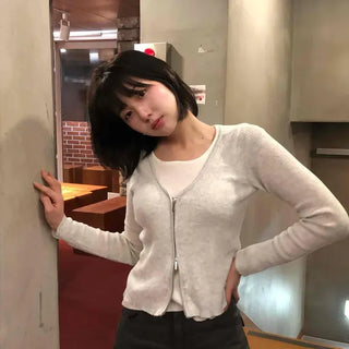Simple Trendy Two-Way Layered Slim Fit Knit Zip-Up