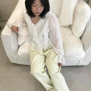 Loose-fit Button-up Wide Straight Daily Long Pants