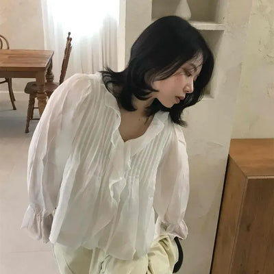 Loose-fit Frill Pintuck Shirred A-line Long Sleeve Blouse