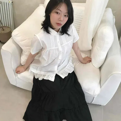 Loose Fit Plain Frill Shirred Pintuck Short Sleeve Blouse