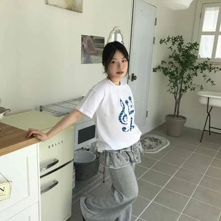 Loose Fit Printed String Frill Wide Long Pants