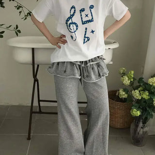 Loose Fit Printed String Frill Wide Long Pants