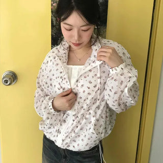 Loose-fit Floral Zipper Shirred Full-zip Windbreaker