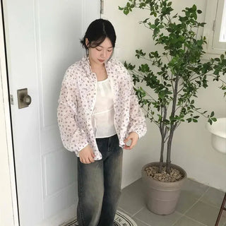 Loose-fit Floral Zipper Shirred Full-zip Windbreaker