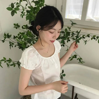 Regular Fit Plain Shirred Button Short Sleeve Blouse