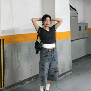 Layered Button Drawstring Plain Short Sleeve T-shirt
